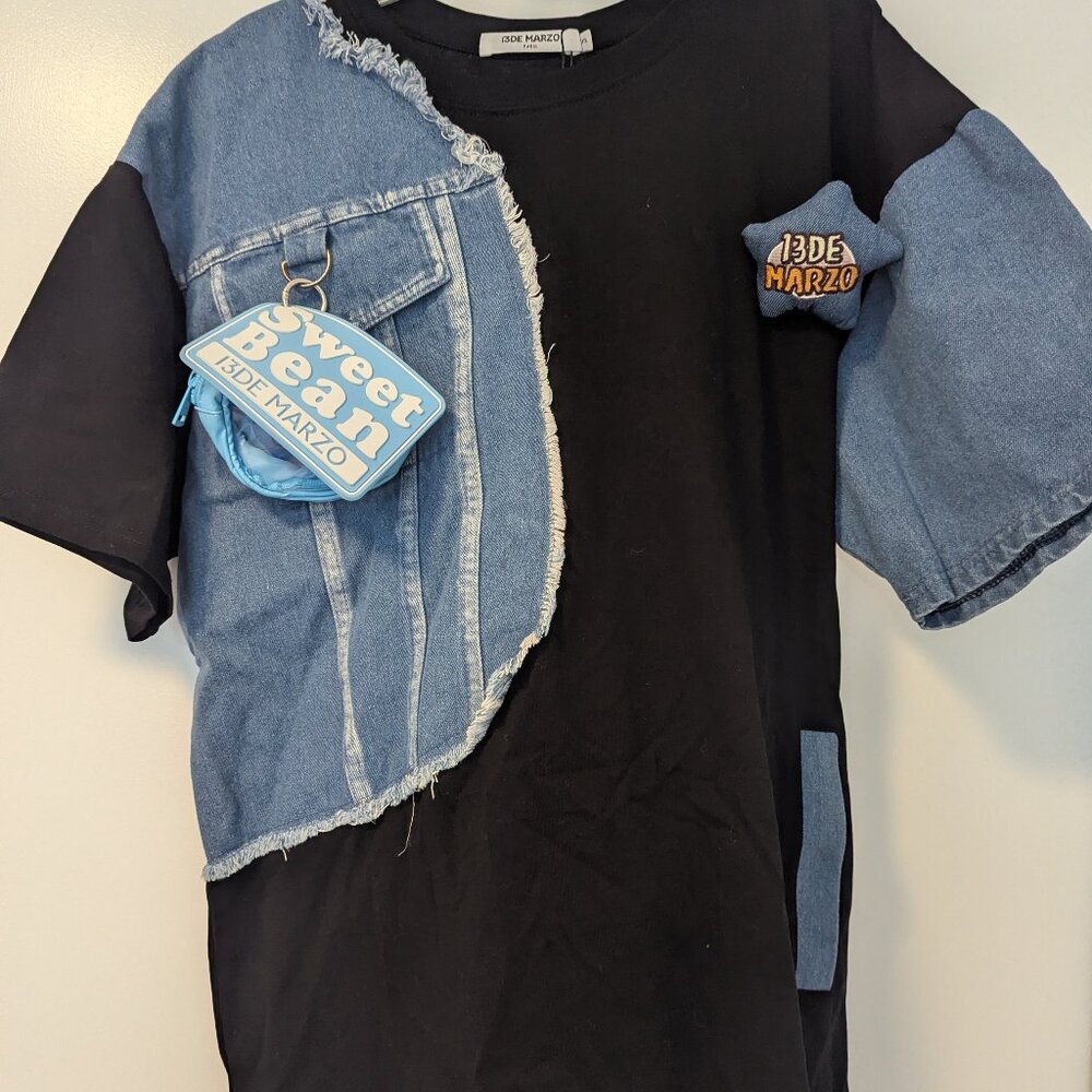 13De Marzo X Pop Mart Sweet Bean Bear Denim Patchwork Tee Black with Side Pocket